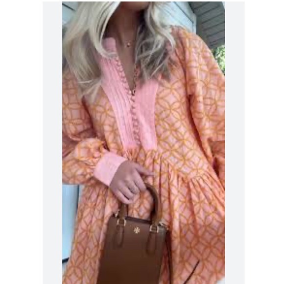 Aox women Dresses & Skirts - Aox Women Peach Orange Geometric Mini Dress Long Sleeve Pleated Bib Size M NWOT